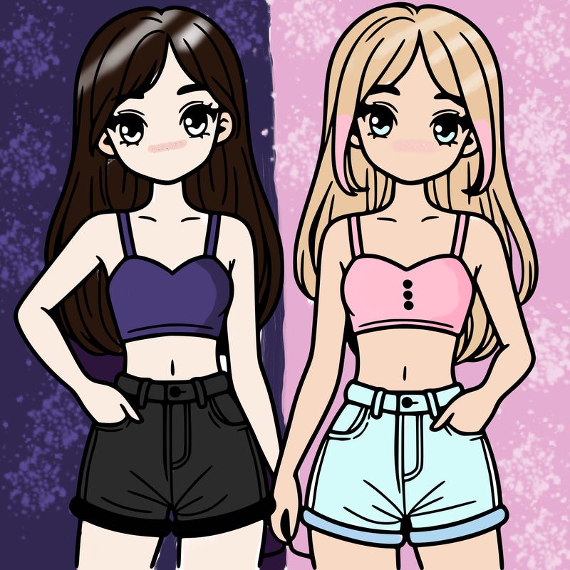 two sisters with crop tops and jean shorts and straight hair