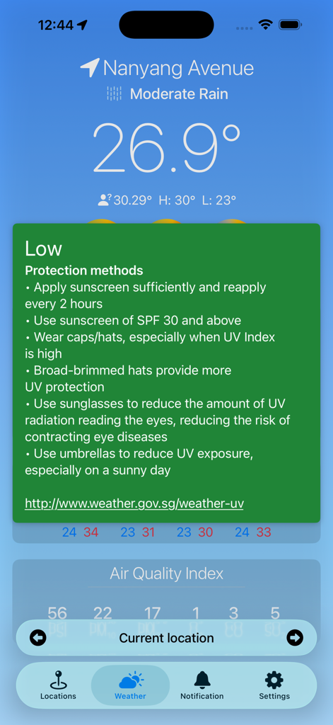 SG Weather Application - SG Weather app showing UV protection recommendations and moderate rain forecast for Nanyang Avenue