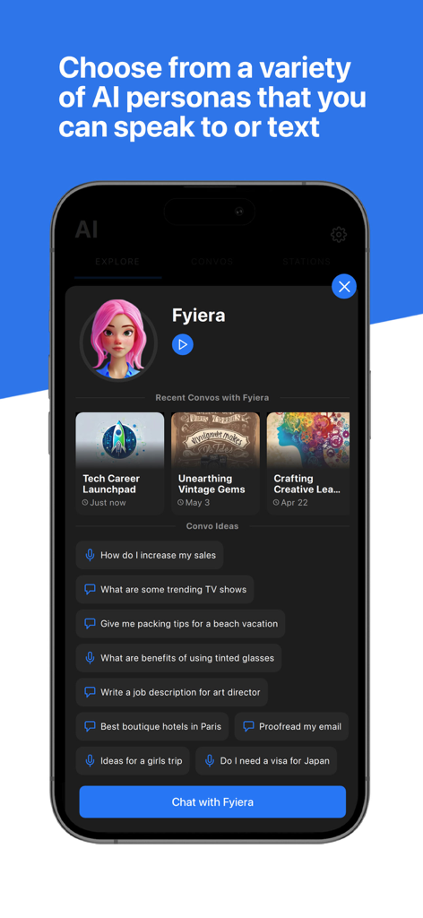 FYI.AI (Focus Your Ideas) - FYI.AI app screen showing the AI persona Fyiera with options for voice and text chat and conversation ideas