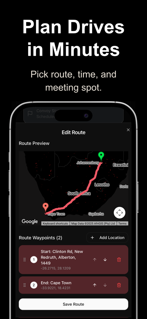 Convoy Tracker app interface for planning drives, showing a map route preview and waypoint selection