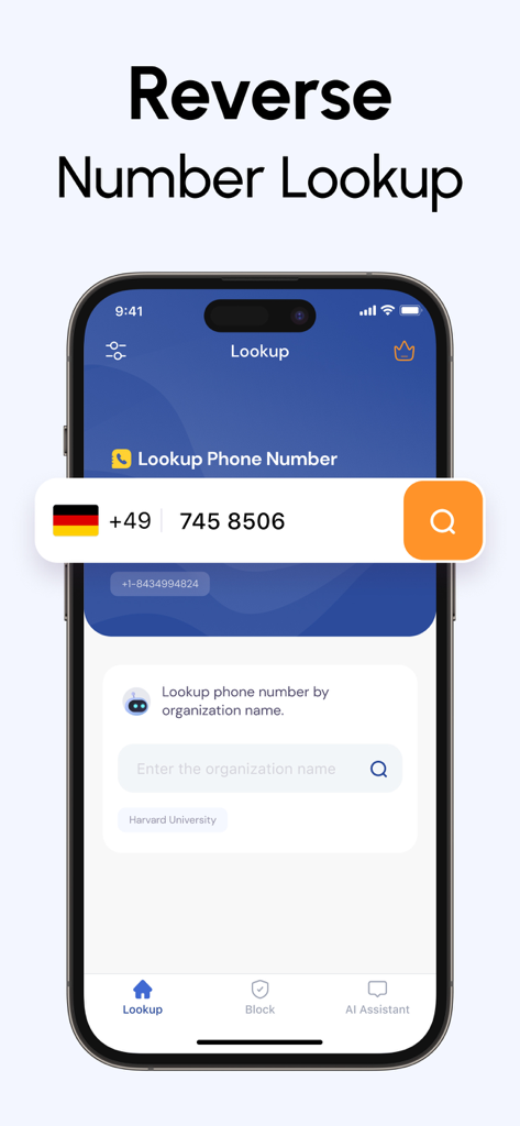 CallGenius app screen showing the reverse phone number lookup and organization search features.