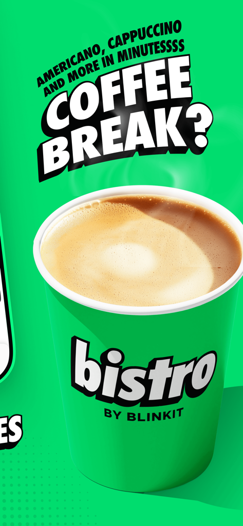 Bistro: Food in minutes - A cup of coffee from the Bistro app advertising quick delivery for a coffee break