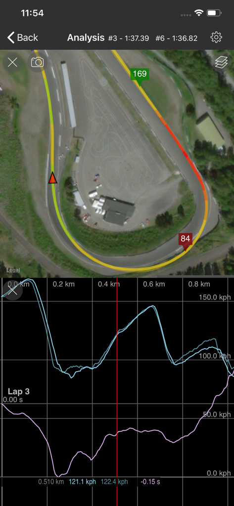 RaceChrono Pro app screen showing a satellite map with lap performance heatmap and synchronized telemetry graphs