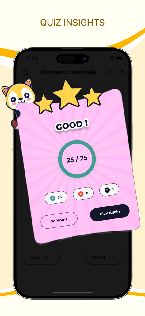 Learn English Through Gujarati - Quiz results screen showing a perfect score of 25 out of 25 with a Good message and three stars in the Learn English Through Gujarati app.