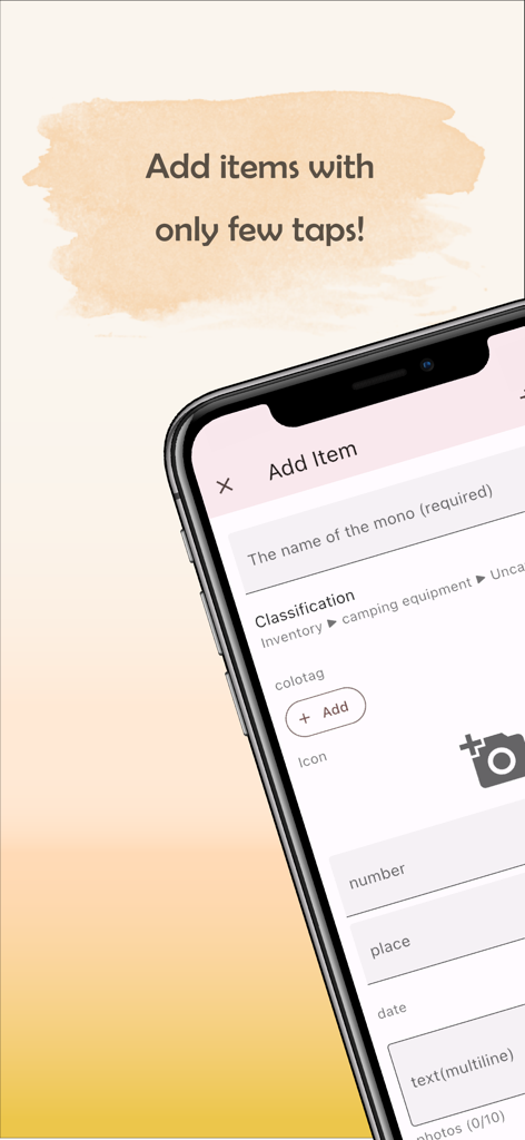 Uma tela de smartphone mostrando a interface do aplicativo monoca 2 para adicionar um novo item com campos de dados personalizáveis