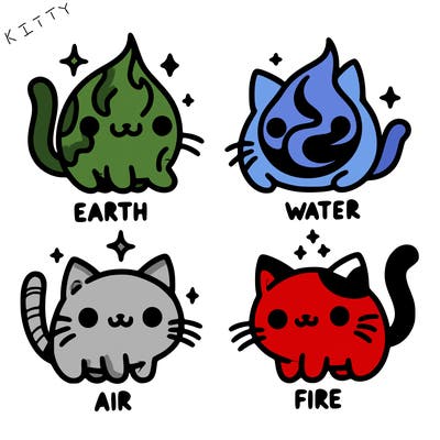 4 cats that represent the different elements, earth, water, air, and fire