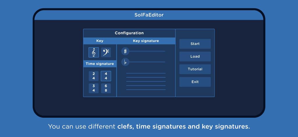 SolFaMe - SolFaMe app sheet music editor configuration screen showing clef and time signature settings