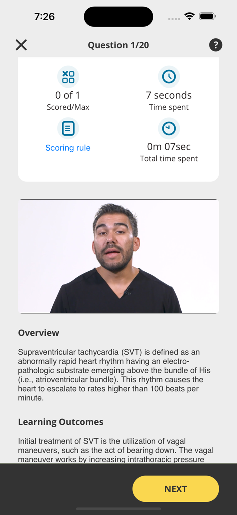 Nursing School & NCLEX Prep - Schermata del quiz di preparazione all'NCLEX che mostra una lezione video di Nurse Mike e una panoramica medica della tachicardia sopraventricolare (SVT)