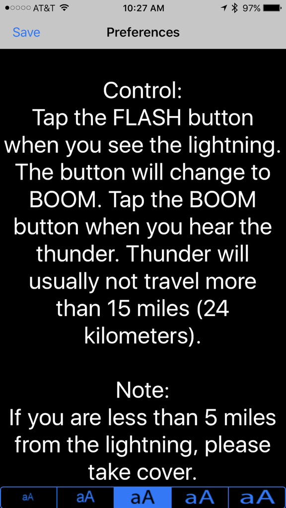 Flash Boom - Preferences screen of Flash Boom app showing instructions and safety tips for calculating lightning distance.