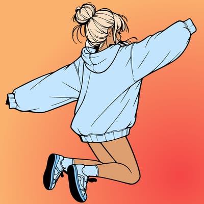 realistic girl jumping with a bun and oversized sweatshirt