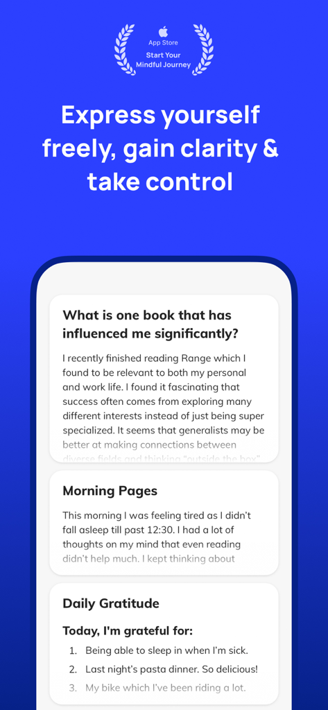 Clearful - Journal & Diary - Clearful app interface showing journal entries for morning pages and daily gratitude.