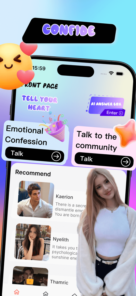 Soulin：Online Chat，Video Share - Screenshot of the Soulin app front page showing emotional confession and community talk features with profile recommendations.