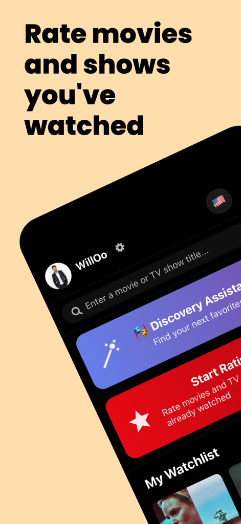 CinéList - Pantalla de inicio de la aplicación CinéList que muestra opciones para calificar películas y series y un botón de asistente de descubrimiento