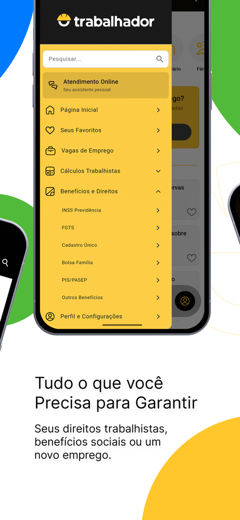 Navigation menu of the O Trabalhador app showing sections for labor rights calculations and job vacancies