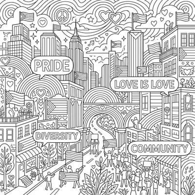 Immerse yourself in a vibrant Abstract Cityscape coloring page designed to celebrate Pride Month! This intricate scene beautifully combines urban architecture with powerful symbols of love, diversity, and community.