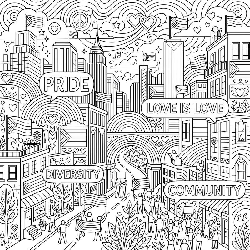 Immerse yourself in a vibrant Abstract Cityscape coloring page designed to celebrate Pride Month! This intricate scene beautifully combines urban architecture with powerful symbols of love, diversity, and community.