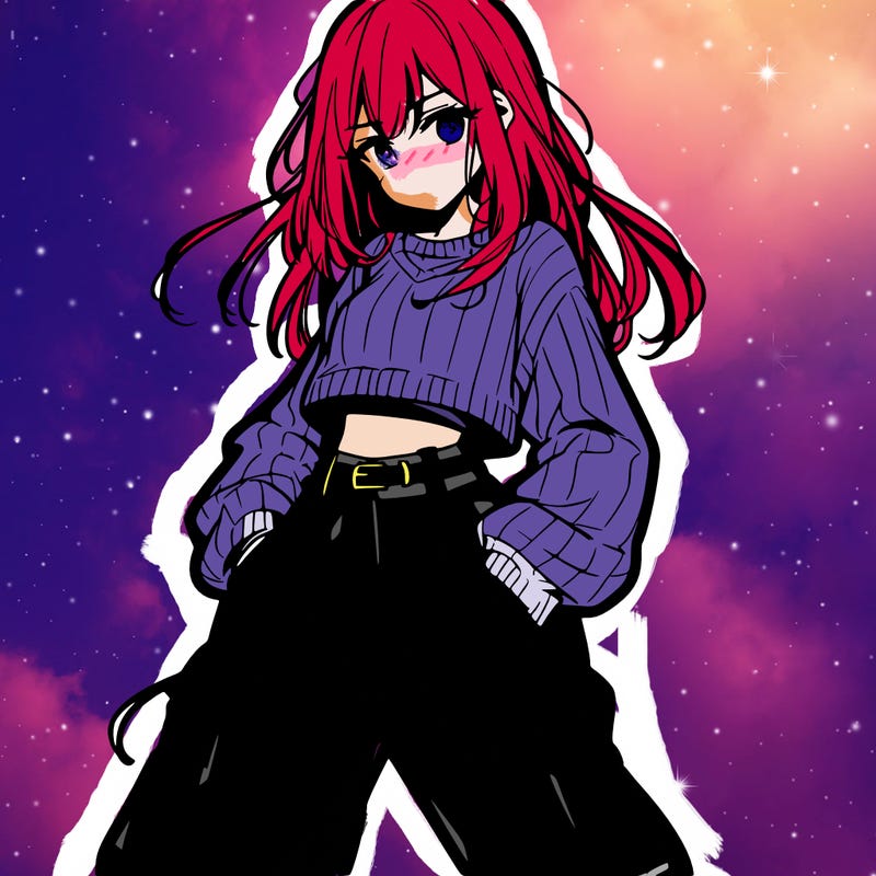 anime teen girl with baggy pants and crop top with sweater