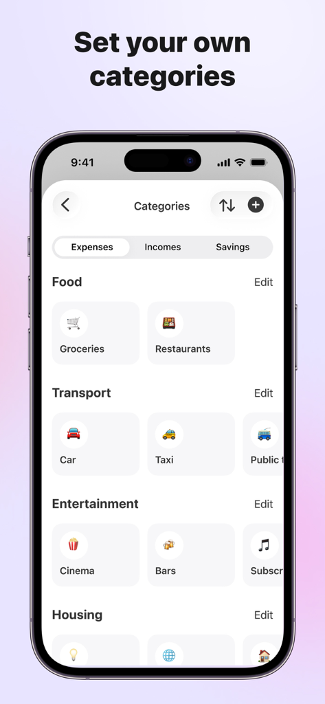Budget Hound: Expense tracker - Budget Hound app screen showing customizable expense categories for food transport and entertainment