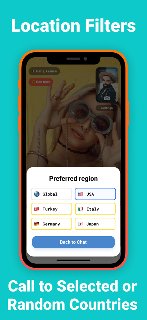 La aplicación RC Live Video Chat mostrando la selección de región preferida con banderas de países para videollamadas globales.