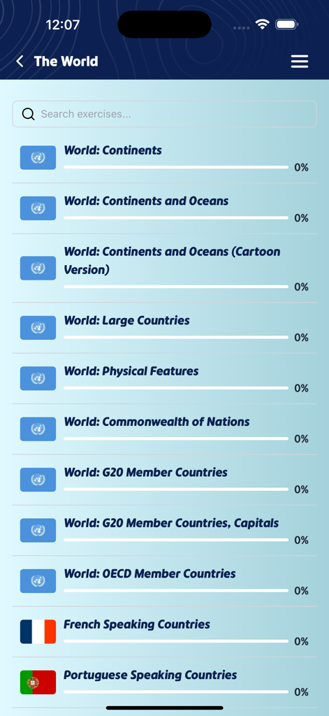 Seterra Geography app world quiz exercise list showing global study topics and progress percentages