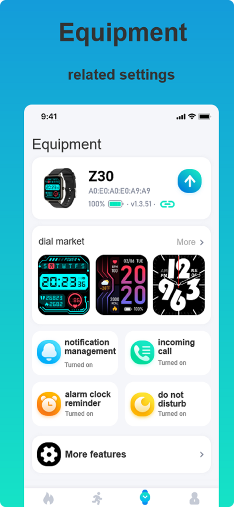 Zmoofit - Zmoofit app equipment settings screen showing a connected Z30 smartwatch with battery level and watch face options