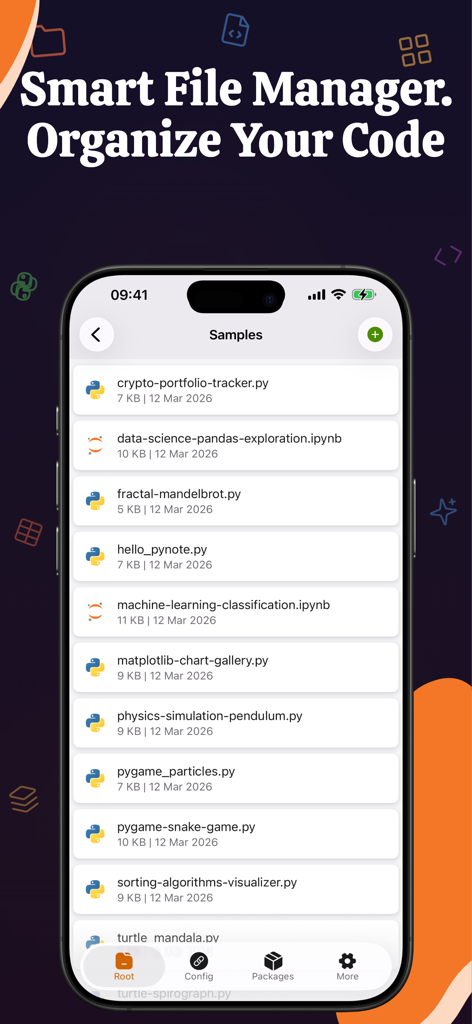 Python - IDE Coding PyNote - PyNote interface showing a file manager with Python scripts and Jupyter notebooks on an iPhone