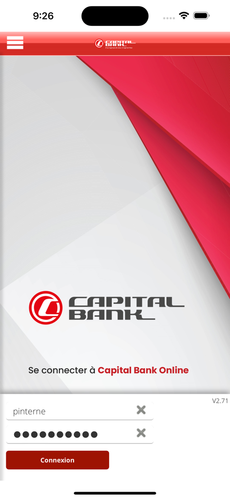 Capital Bank Mobile Banking - Interfaz de inicio de sesión de la aplicación Capital Bank Mobile Banking para cuentas haitianas