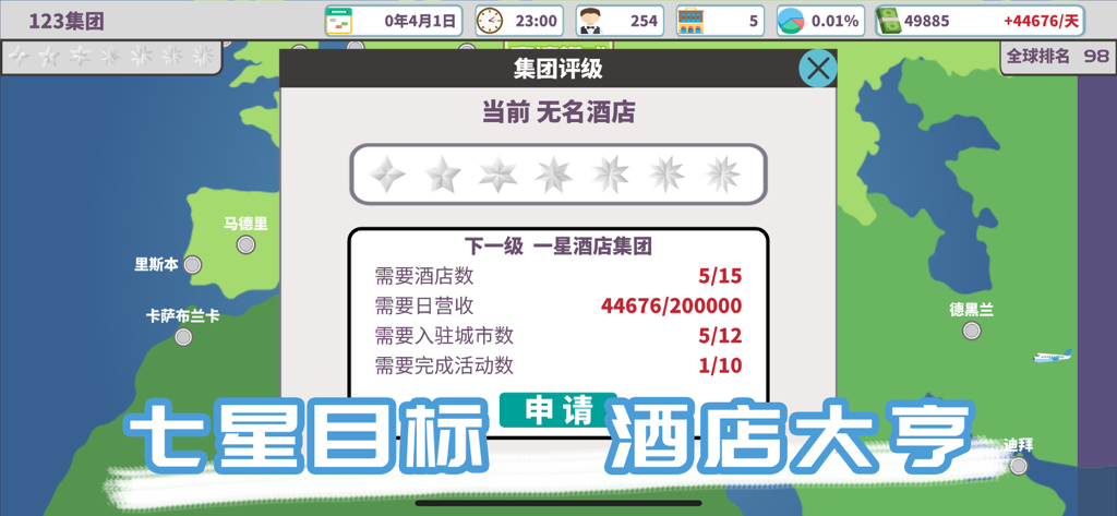 Global Hotel Tycoon game screen showing the hotel group rating system and world map expansion goals