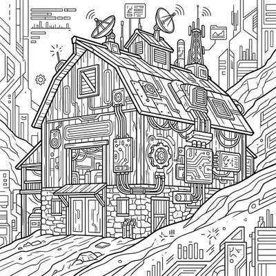 Unleash your creativity with this extraordinary coloring page featuring a bank barn re-imagined in a futuristic cyberpunk style. Dive into a world where rustic charm meets advanced technology, offering a truly unique artistic challenge.