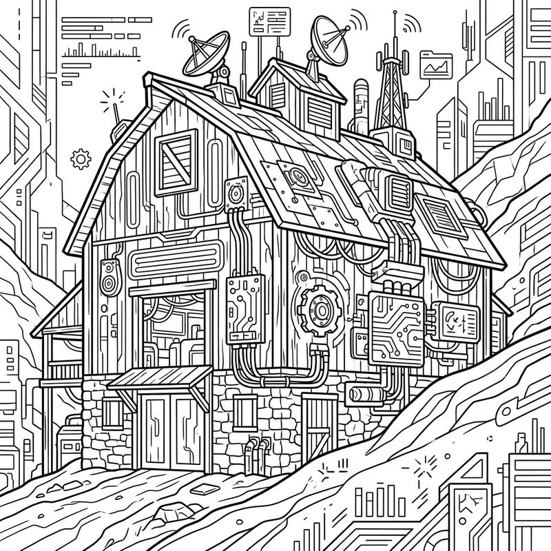 Unleash your creativity with this extraordinary coloring page featuring a bank barn re-imagined in a futuristic cyberpunk style. Dive into a world where rustic charm meets advanced technology, offering a truly unique artistic challenge.