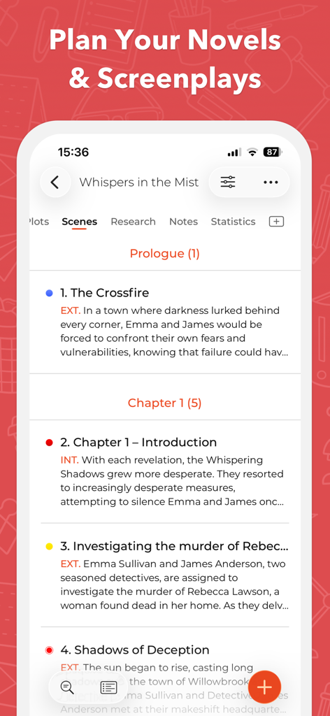 Story Planner app interface showing a structured list of scenes and chapters for a novel