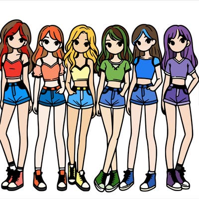 a group of girls wearing crop tops and shorts