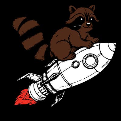 realistic raccoon flying on top rocket ship