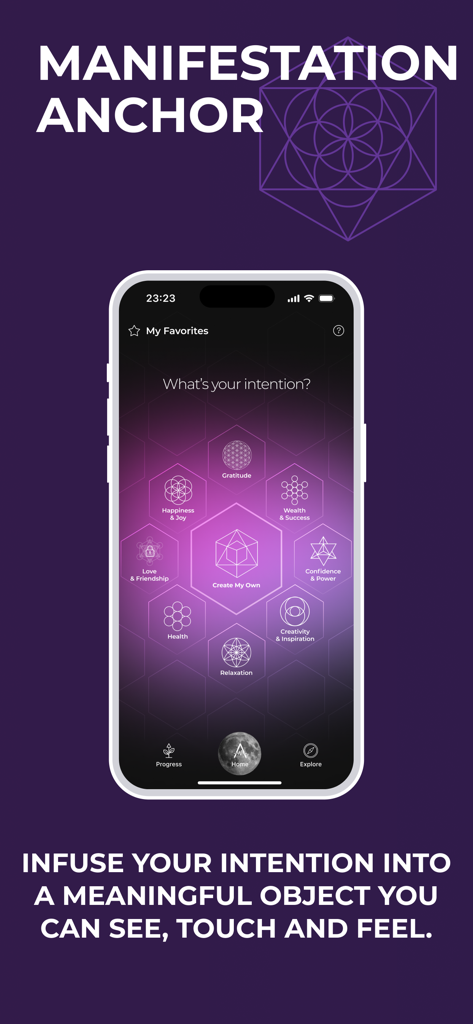 Pantalla de anclaje de manifestación de la aplicación Affirmate que muestra varias opciones de intención como gratitud y riqueza.