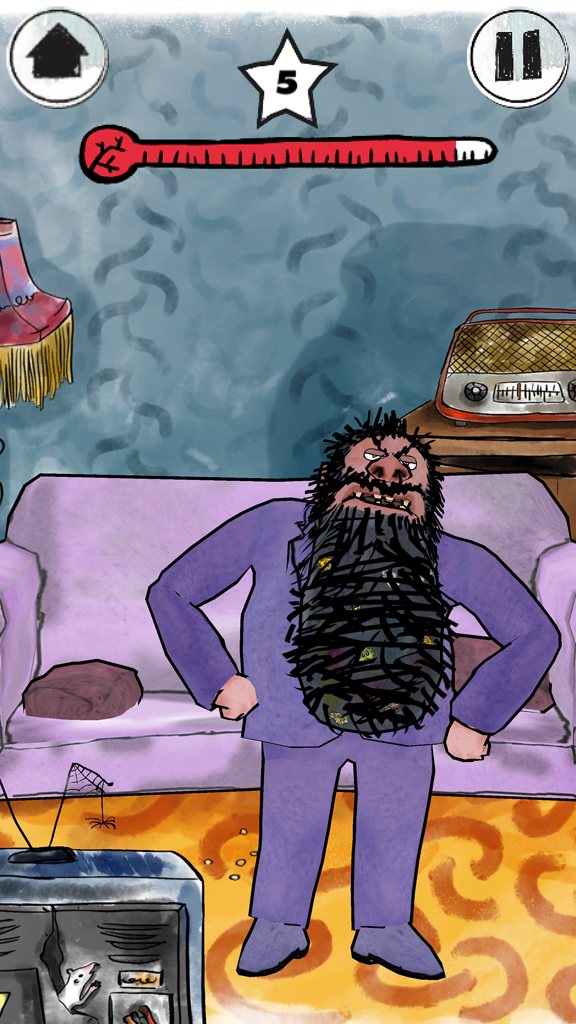 Roald Dahl's House of Twits - Mr Twit standing in his living room with an anger gauge
