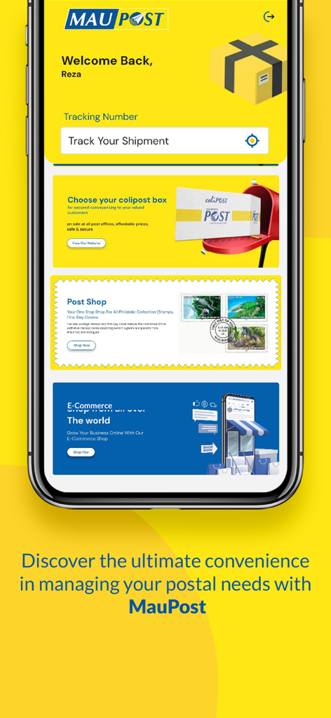 MauPost - Startbildschirm der MauPost-Mobil-App mit Verfolgungs- und Postdiensten