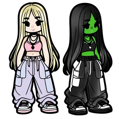 girl in baggy pants crop top and long hair