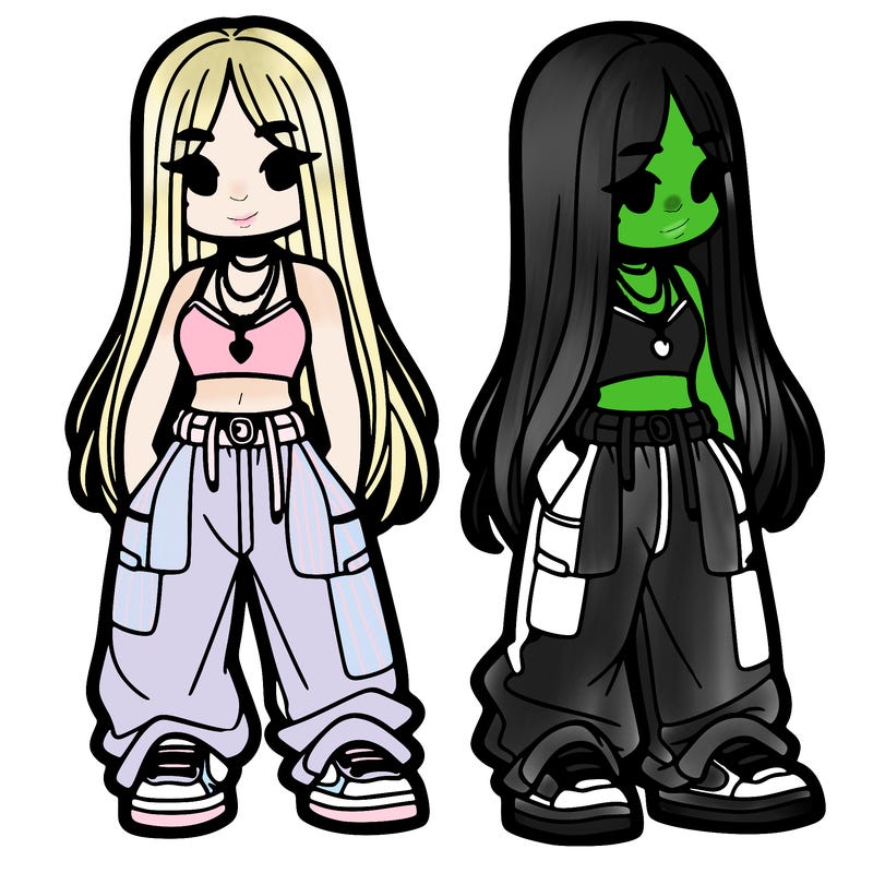 girl in baggy pants crop top and long hair