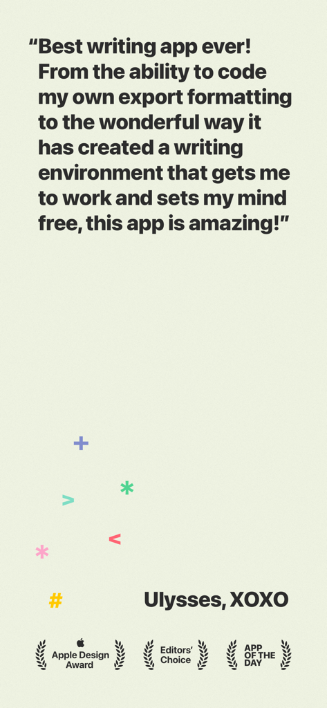 Ulysses: Writing App - Uma avaliação positiva do usuário sobre o aplicativo de escrita Ulysses apresentando os prêmios Apple Design e Escolha dos Editores.
