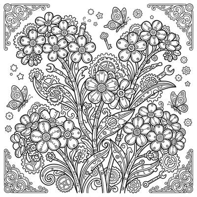 Dive into a world where delicate flora meets intricate machinery with this stunning Steampunk Forget-Me-Nots coloring page. Explore a unique blend of nature and Victorian-era innovation, perfect for a creative escape.