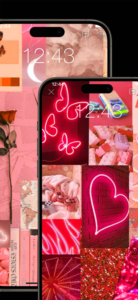 Dos iPhones mostrando un fondo de pantalla collage estético rosa y rojo con íconos de mariposa y corazón de neón