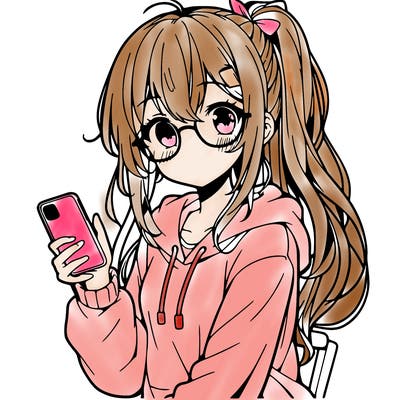 anime girl with glasses with ponytail with a phone