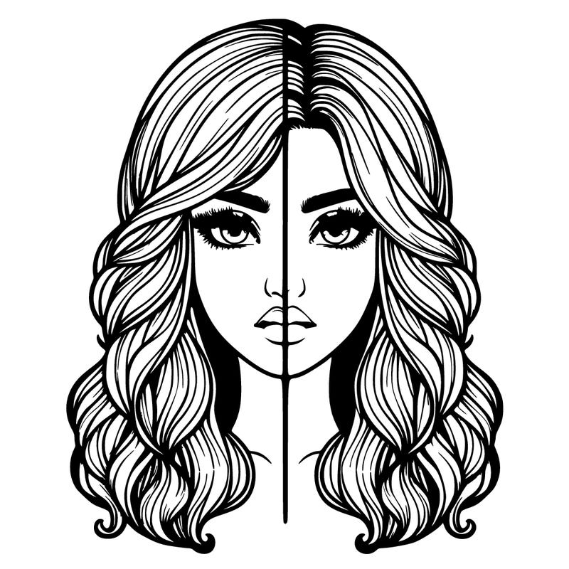 realistic girl split with a line in the middle of her face with beautiful hair