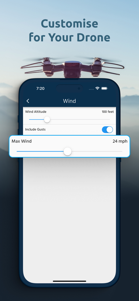 Tela de smartphone exibindo configurações de vento no aplicativo Dronecast, incluindo altitude e limites máximos de velocidade do vento