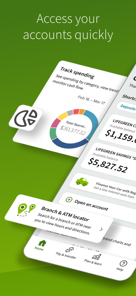 Regions Mobile - Screenshot of the Regions Mobile banking app showing account balances spending tracking and branch locator tools