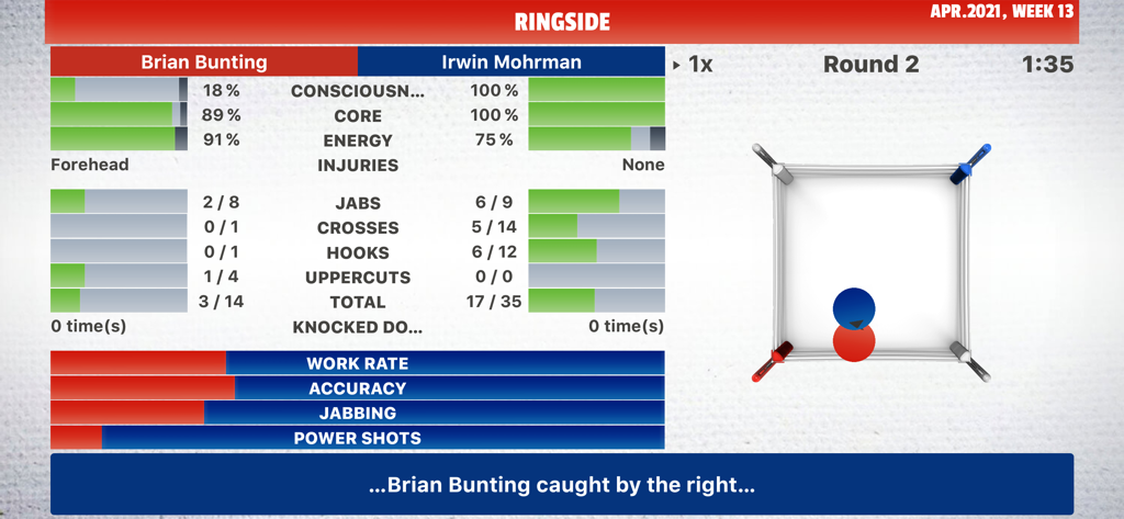 Ringside view of a boxing match simulation with detailed fighter statistics and tactical data.