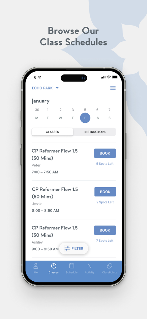 Club Pilates app interface showing a list of available Reformer Flow classes with booking options and a calendar view.