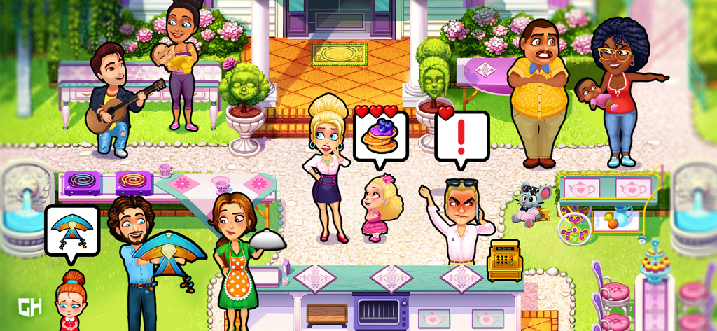 Delicious - Moms vs Dads - Gameplay scene of Delicious Moms vs Dads featuring characters in a backyard garden setting