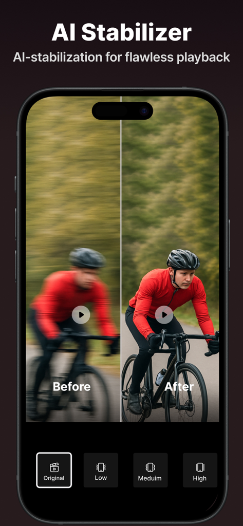 AI Video Enhancer & Upscaler - Geteilter Bildschirmvergleich der KI-Videostabilisierungsfunktion, der einen unscharfen Radfahrer im Vergleich zu einer klaren und ruhigen Aufnahme zeigt.