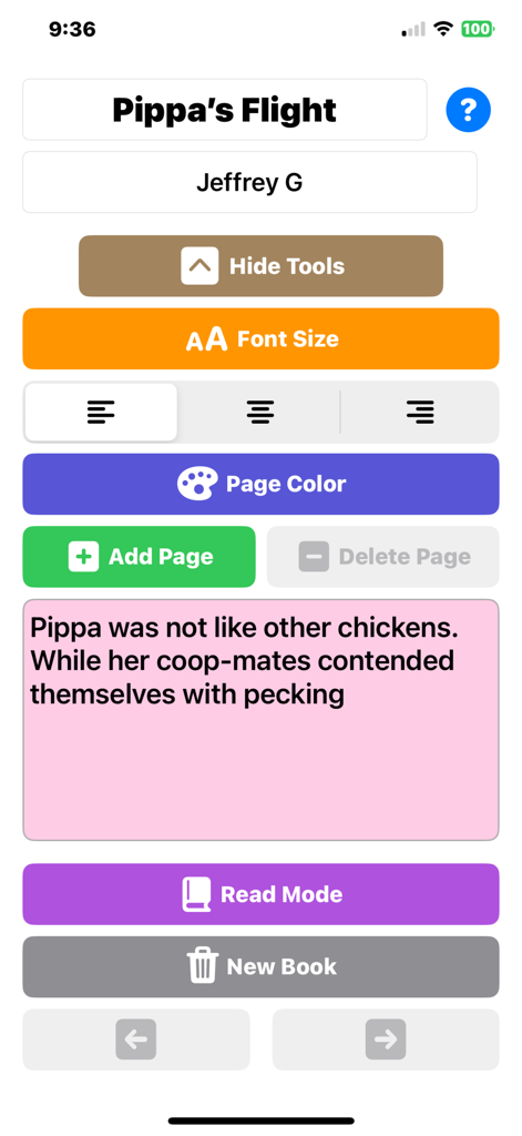 Simple Book Creator - Interface de l'application Simple Book Creator montrant des outils d'édition de texte et une page rose avec une histoire sur une poule nommée Pippa.